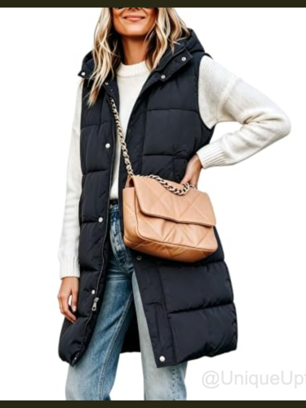 Tanming Women's Long Puffer Vest Removable Hood Sleeveless Zip
